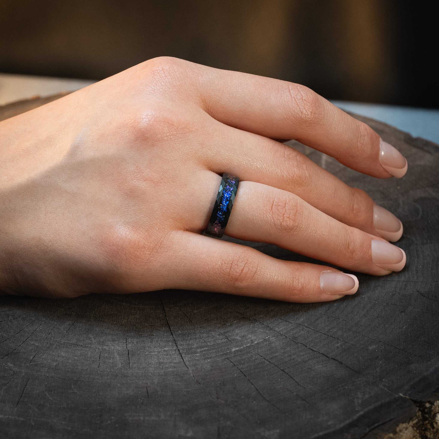 Hammered Black Nebula Meteorite x Galaxy Blue Sandstone Ring - 6mm