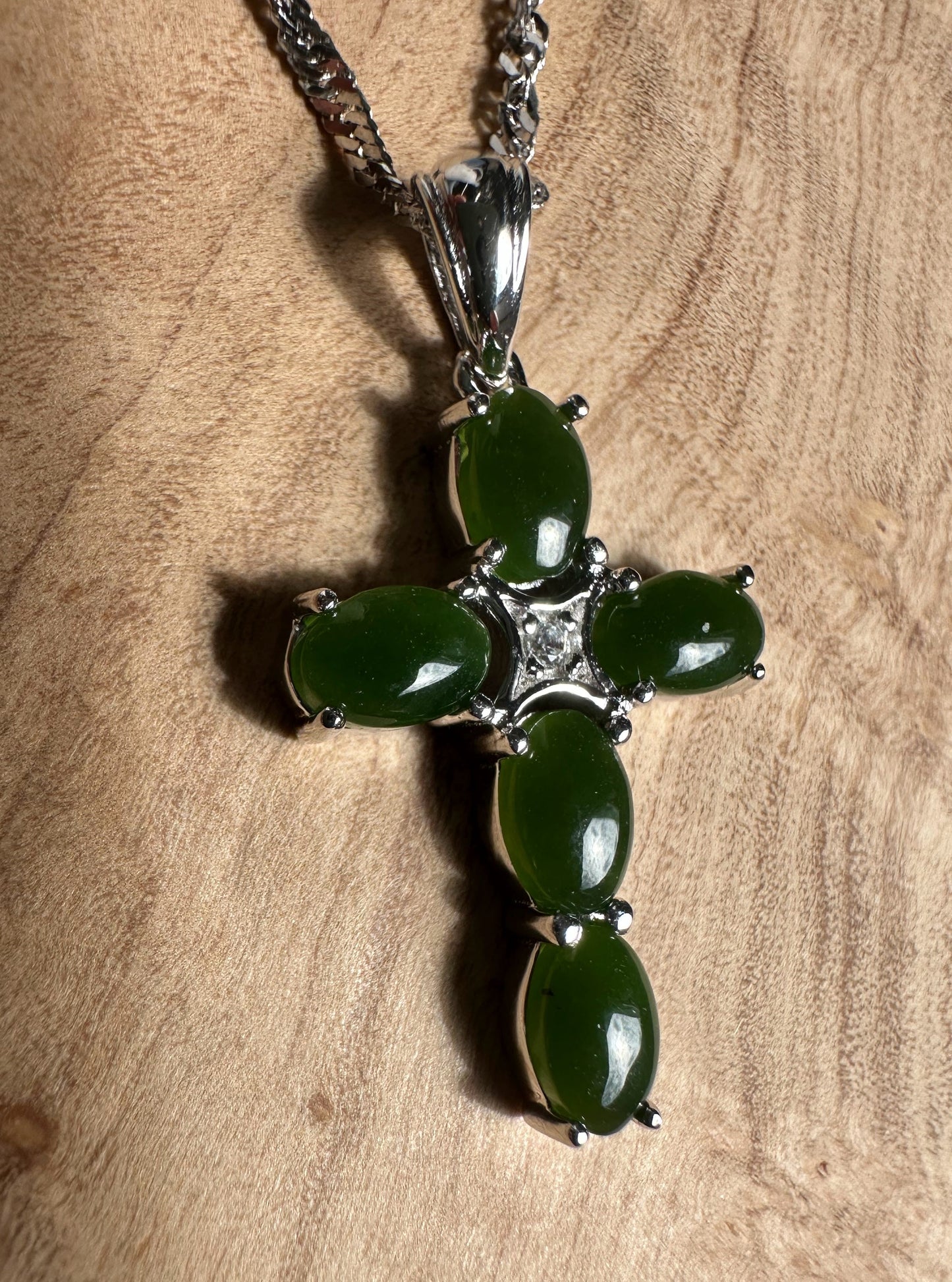 Dark Green Jade and Silver Cross Pendant - 4134