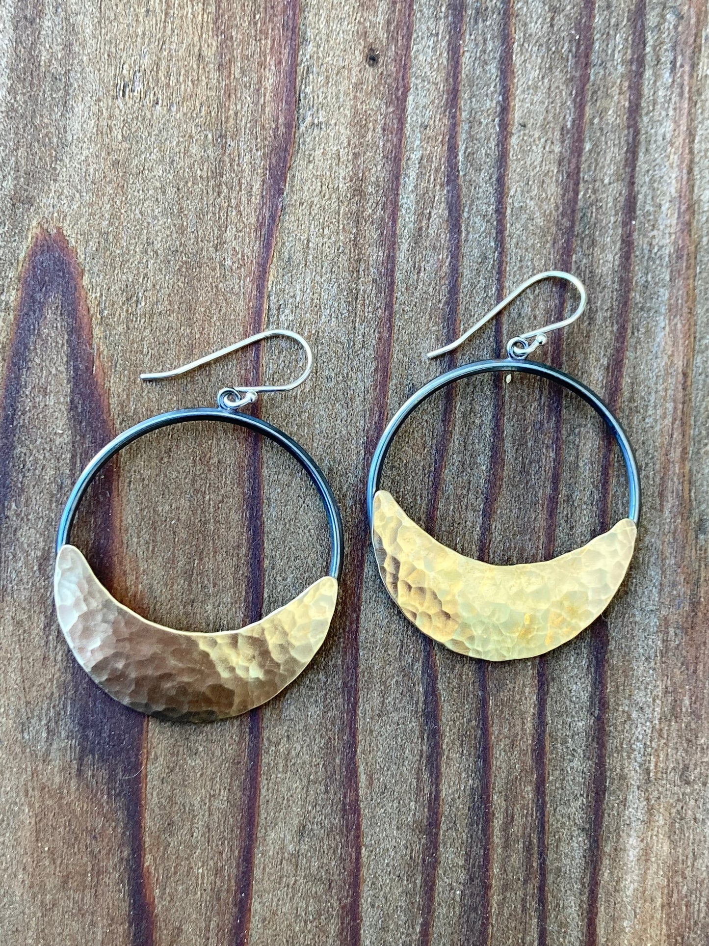 Crescent Moon Hoop Earrings in Oxidized Silver and Brass | Moon Phase Earrings