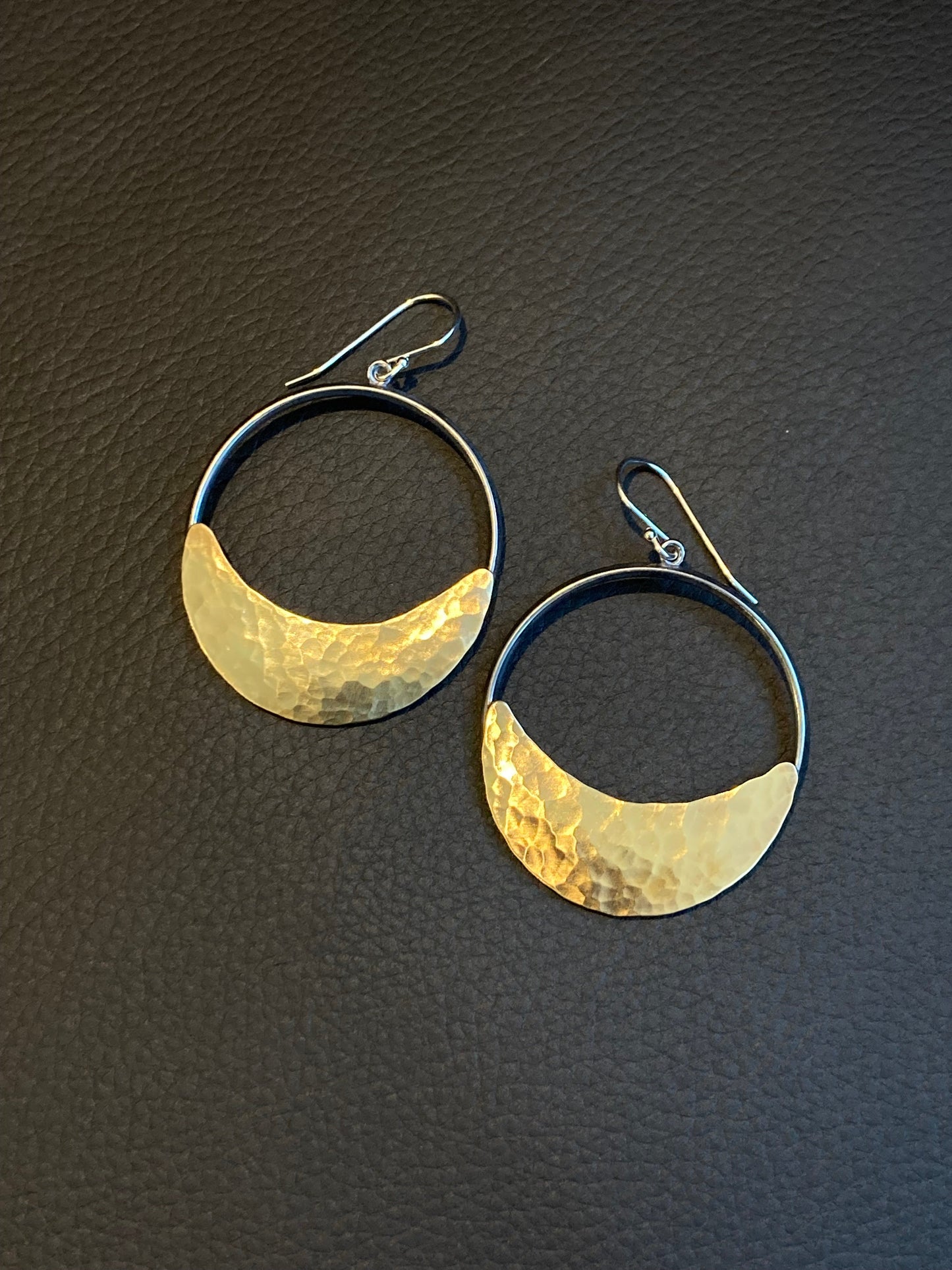 Crescent Moon Hoop Earrings in Oxidized Silver and Brass | Moon Phase Earrings