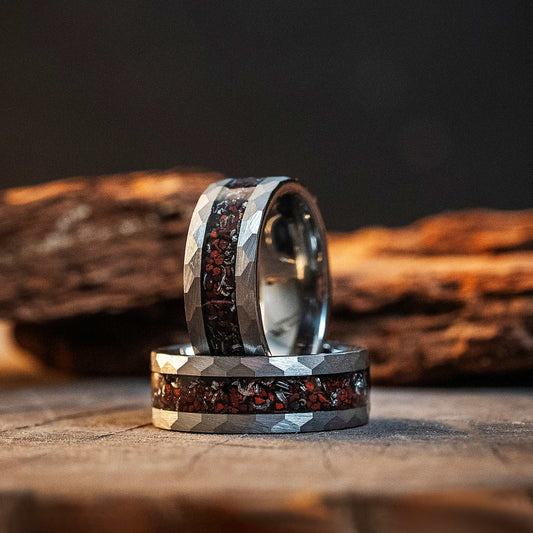 Dinosaur Bones & Meteorite Silver Hammered Tungsten Carbide Ring