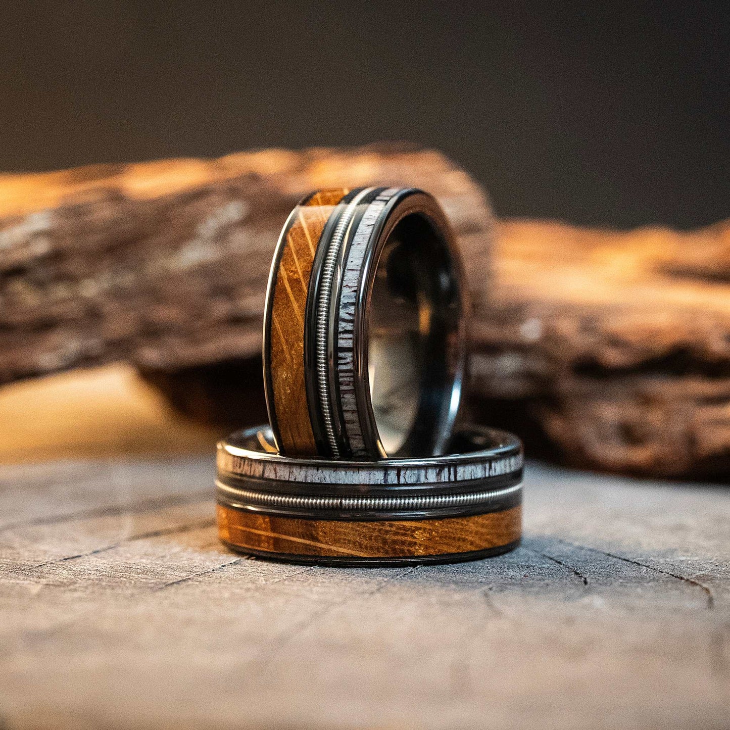 Whiskey Barrel Tungsten Carbide Ring Guitar String Antler