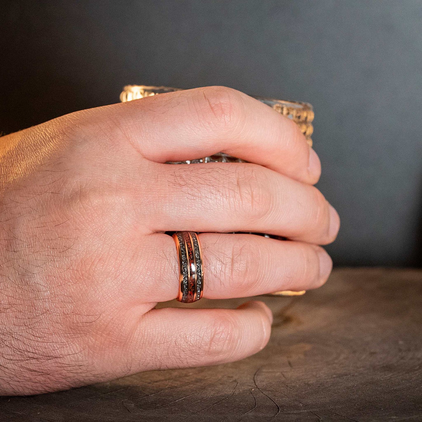 Rose Gold Meteorite Dinosaur Bone Tungsten Carbide Ring