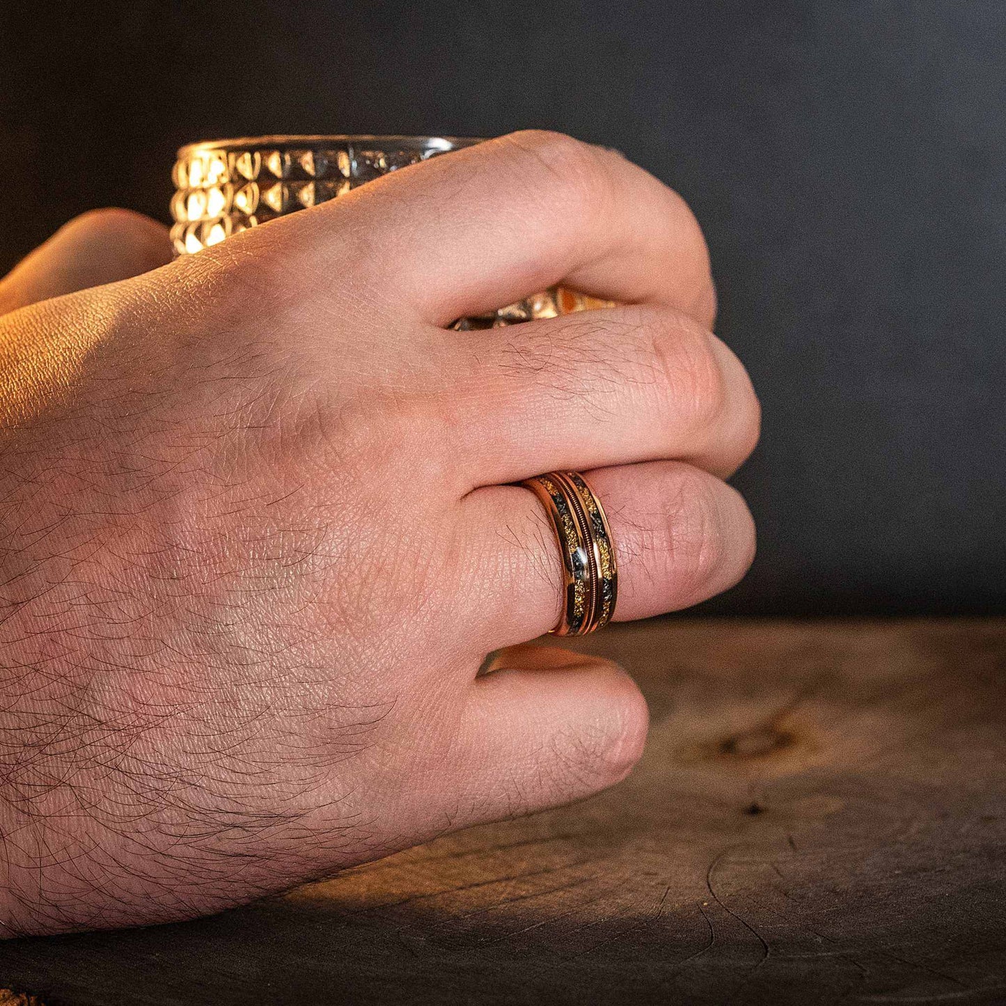 Meteorite Gold Leaf Guitar String Tungsten Carbide Ring