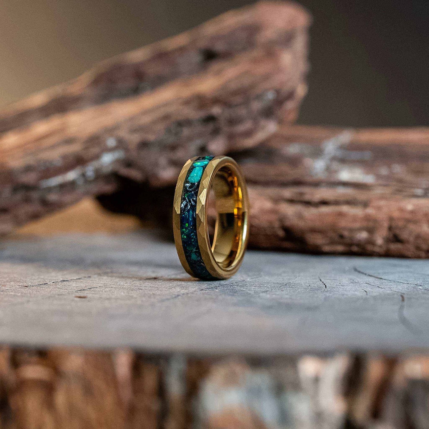 Green Opal x Meteorite Gold Hammered Tungsten Carbide Ring - 6mm
