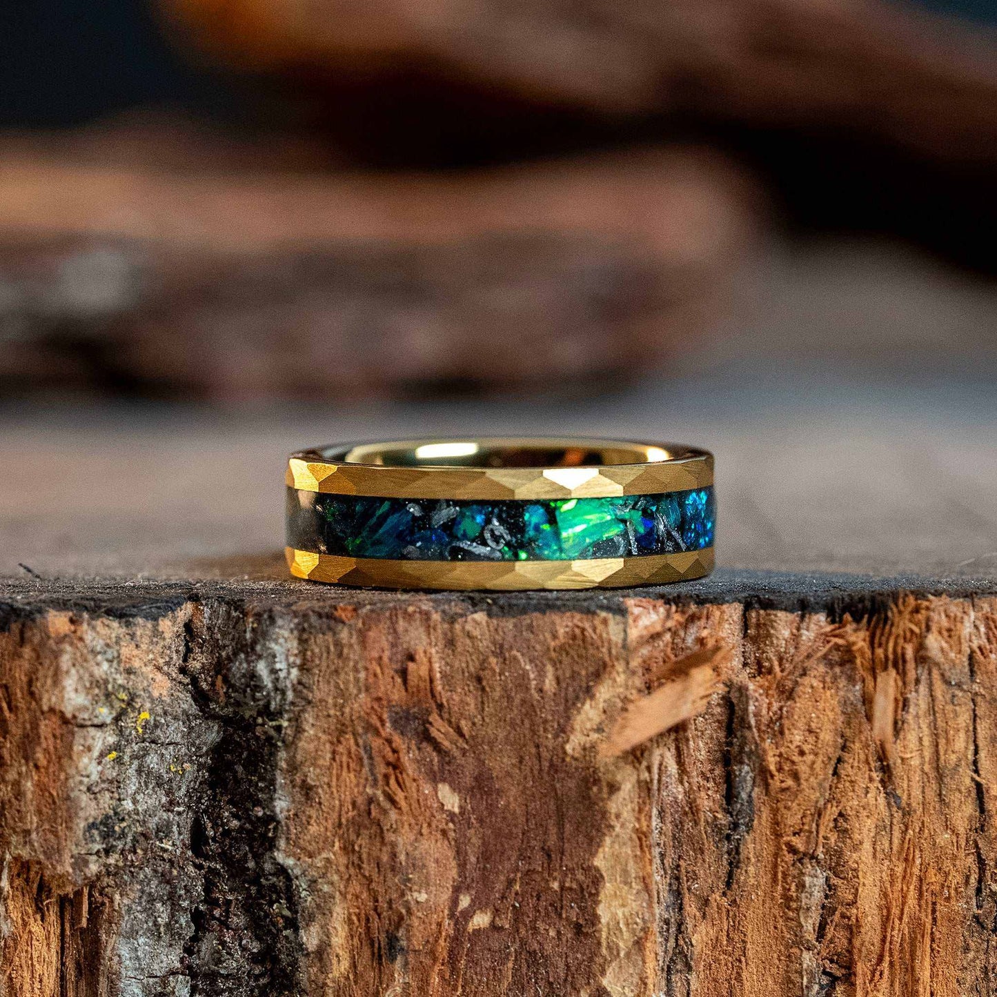 Green Opal x Meteorite Gold Hammered Tungsten Carbide Ring - 6mm