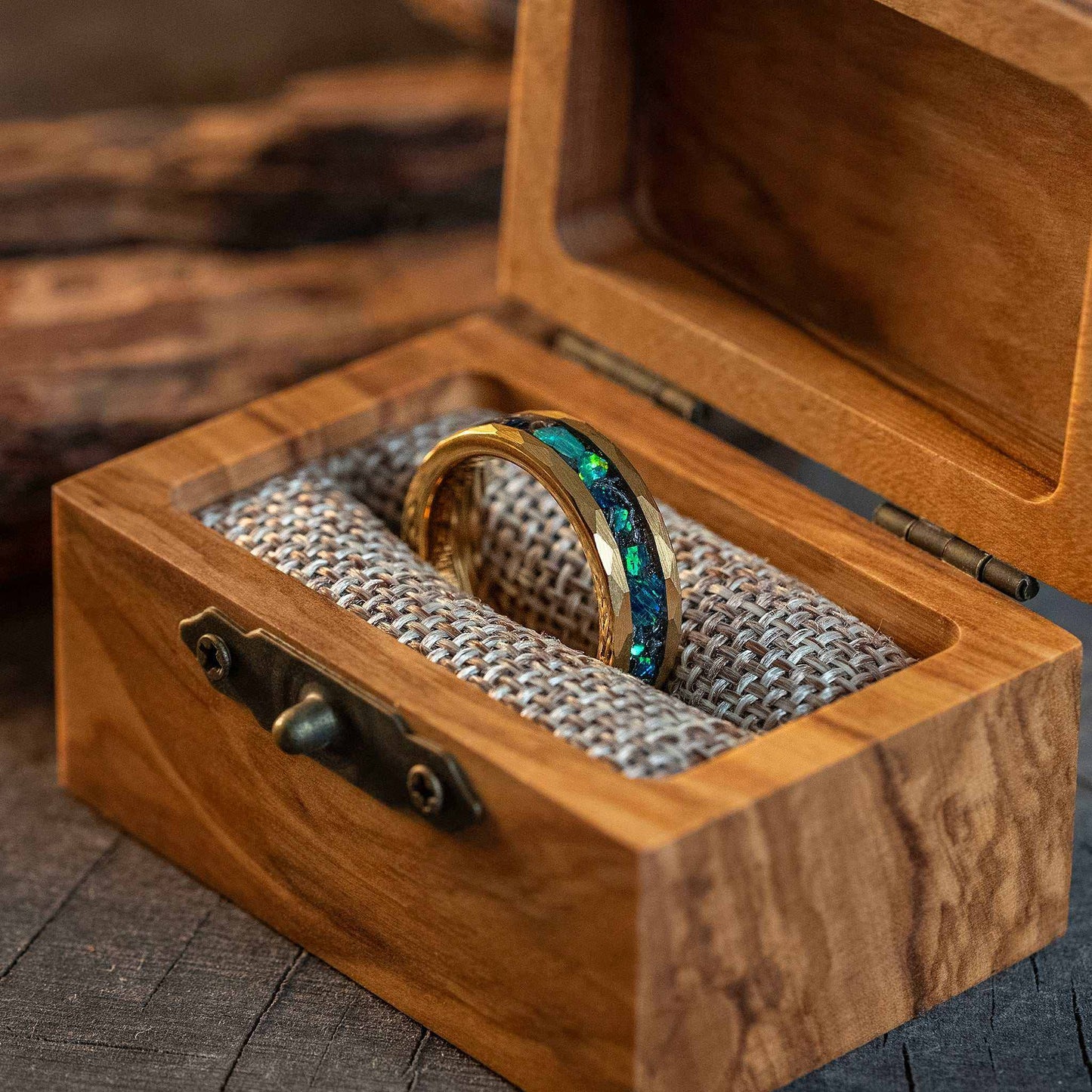 Green Opal x Meteorite Gold Hammered Tungsten Carbide Ring - 6mm