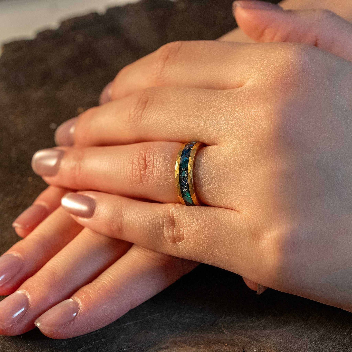 Green Opal x Meteorite Gold Hammered Tungsten Carbide Ring - 6mm