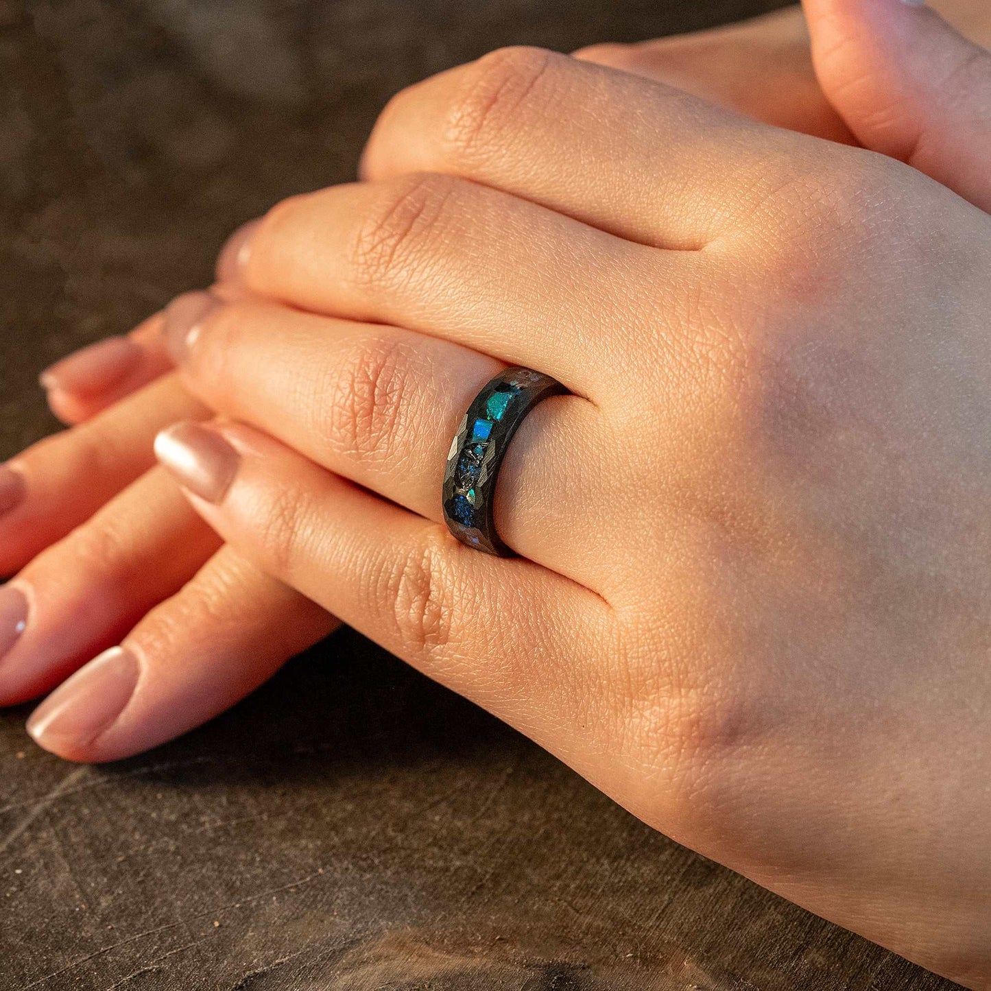 Green Opal x Meteorite Black Hammered Tungsten Carbide Ring - 6mm