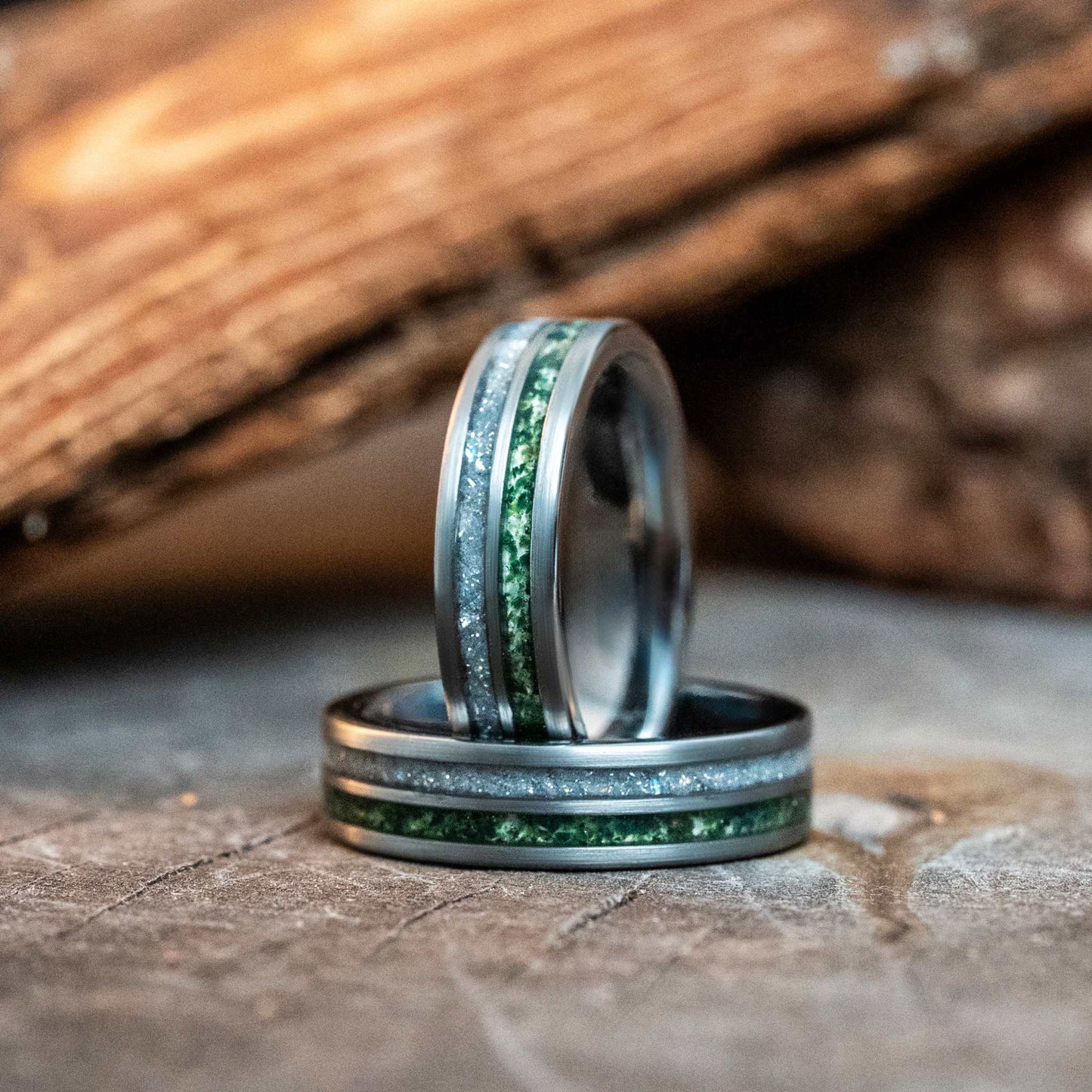 Moss Agate x Moonstone Tungsten Carbide Ring