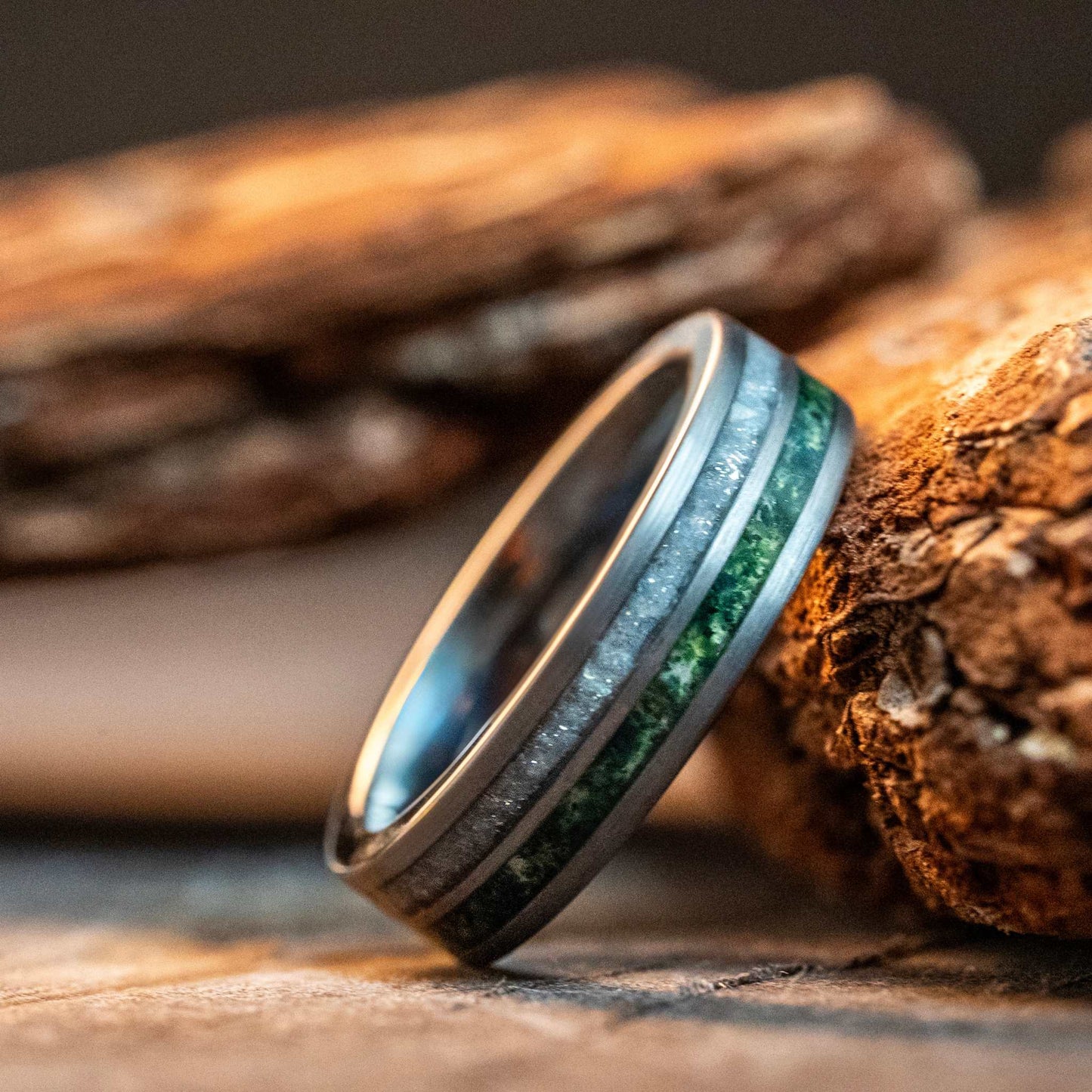 Moss Agate x Moonstone Tungsten Carbide Ring
