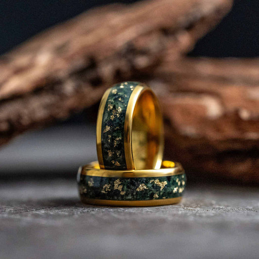 Moss Agate x Gold Leaf Tungsten Carbide Ring