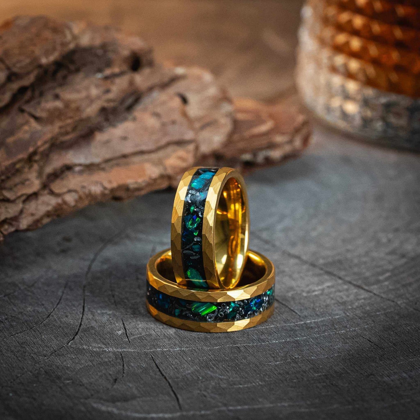 Hammered Gold Green Opal x Meteorite Tungsten Ring - 8mm