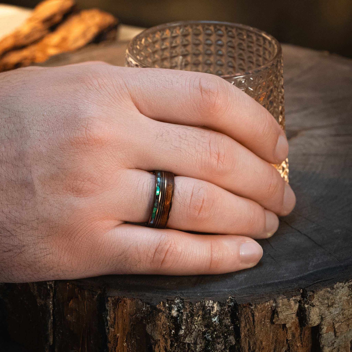 Guitar String x Abalone Shell x Hawaiian Koa Wood Rose Gold Tungsten Ring