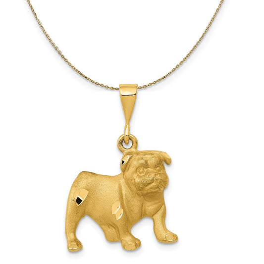 14k Yellow Gold Satin and Diamond Cut 2D Bulldog Necklace