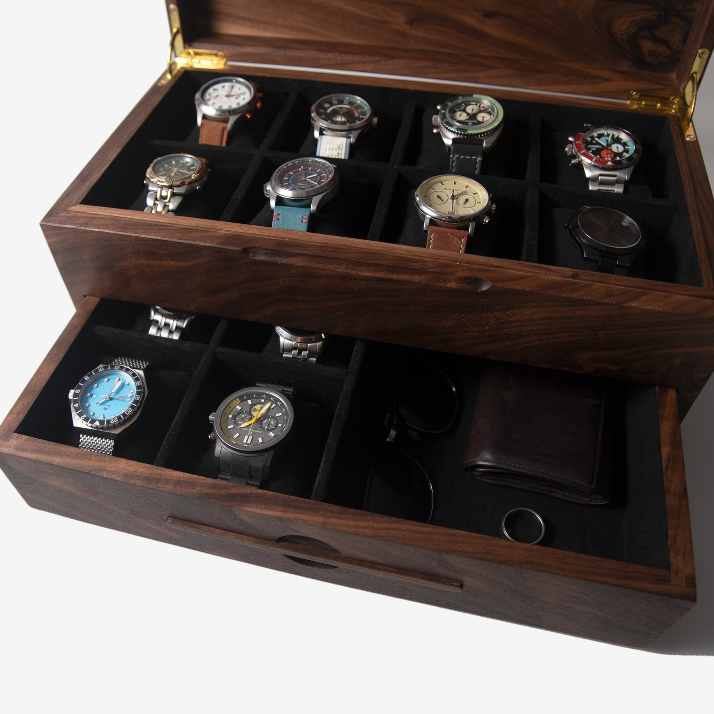 Watch Box with Drawer - Solid Black Walnut - 12 to 16 Watch Compartments