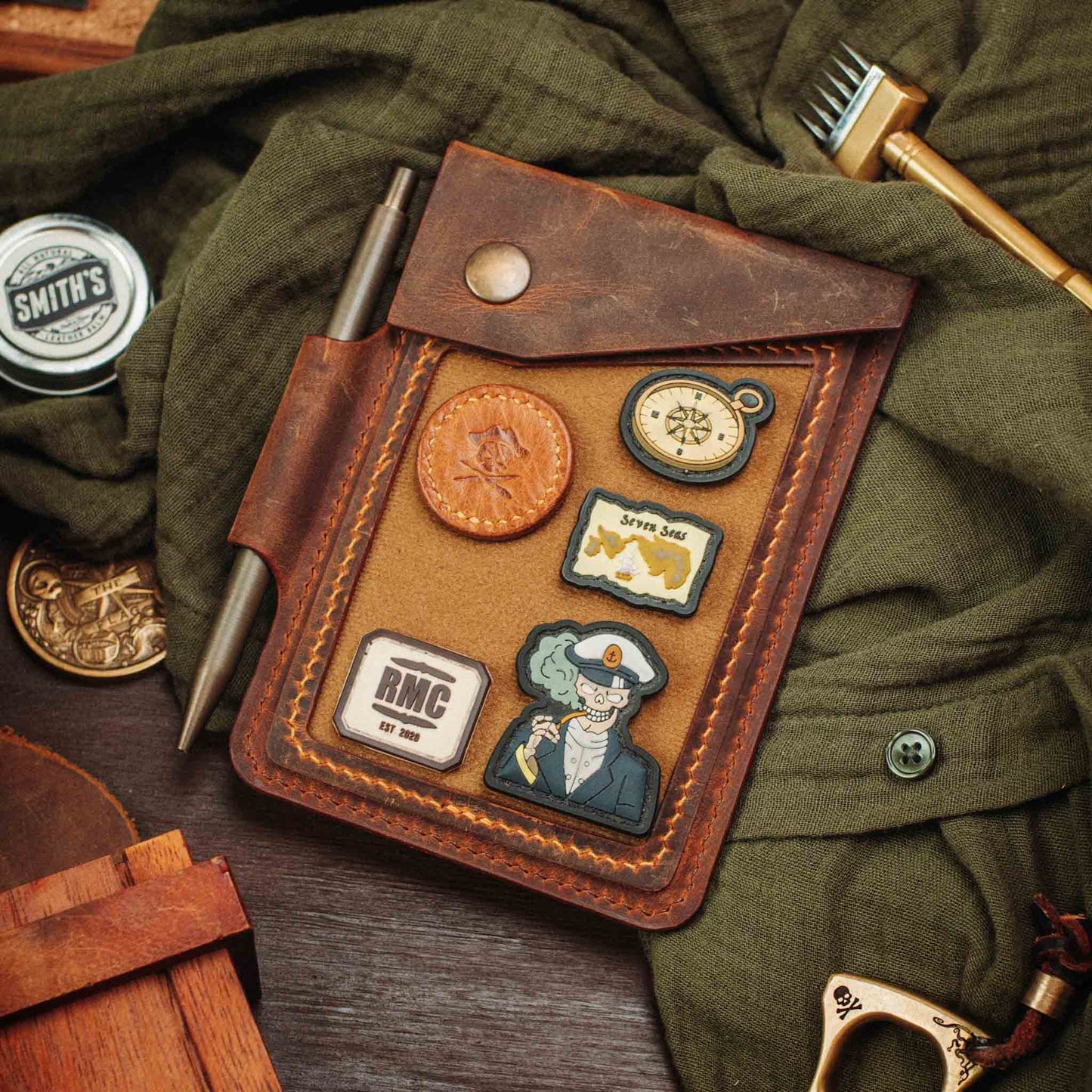 Field Notes Cover - Steersman | Leather Velcro Patch Display | EDC Journal Holder